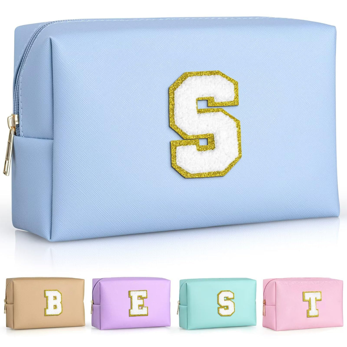 TOPEAST Sky Blue Makeup Bag front view with gold glitter patch