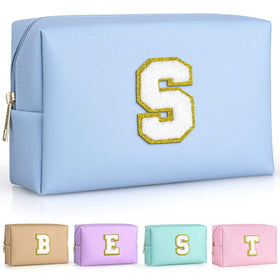 TOPEAST Sky Blue Makeup Bag front view with gold glitter patch