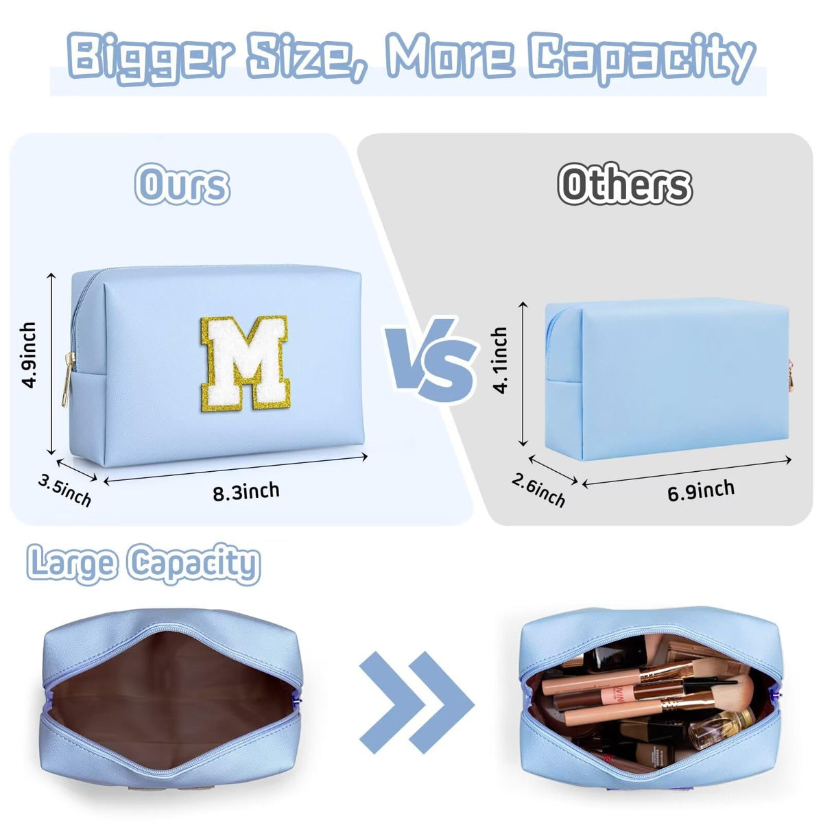 TOPEAST Sky Blue Makeup Bag side view showing zipper