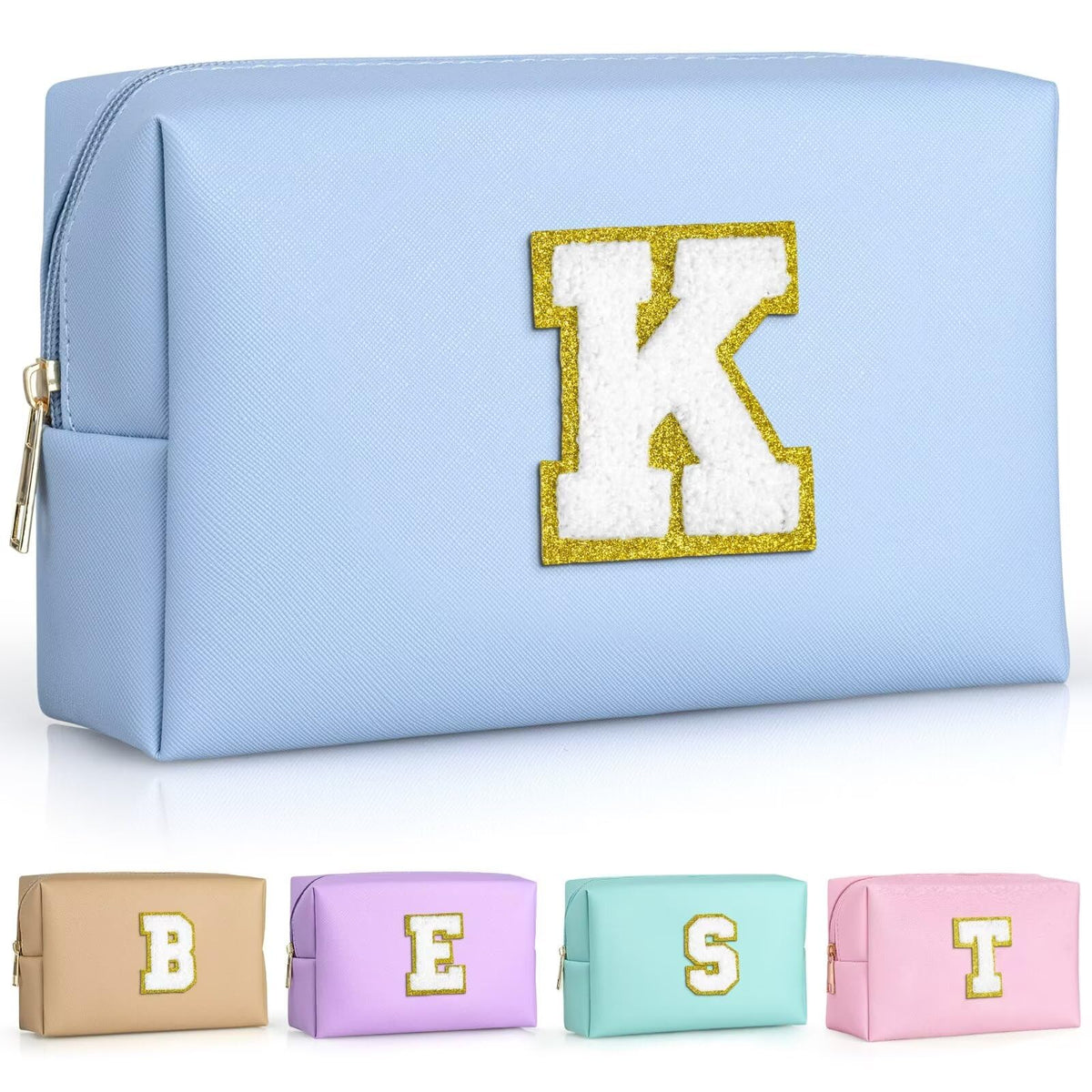TOPEAST sky blue makeup bag with gold glitter initial patch