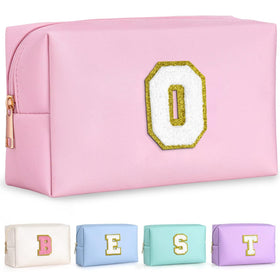 TOPEAST Small Makeup Bag pink model front view with initial patch