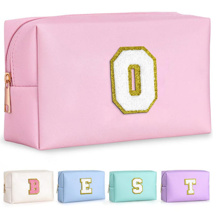 TOPEAST Small Makeup Bag pink model front view with initial patch