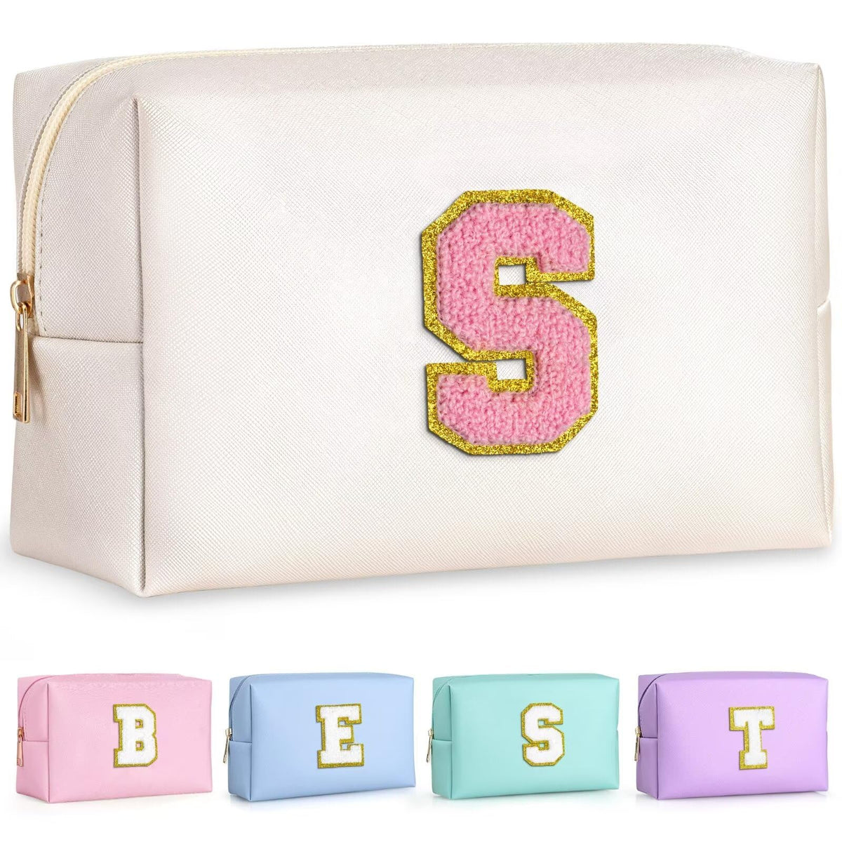 TOPEAST small makeup bag with gold glitter patch front view