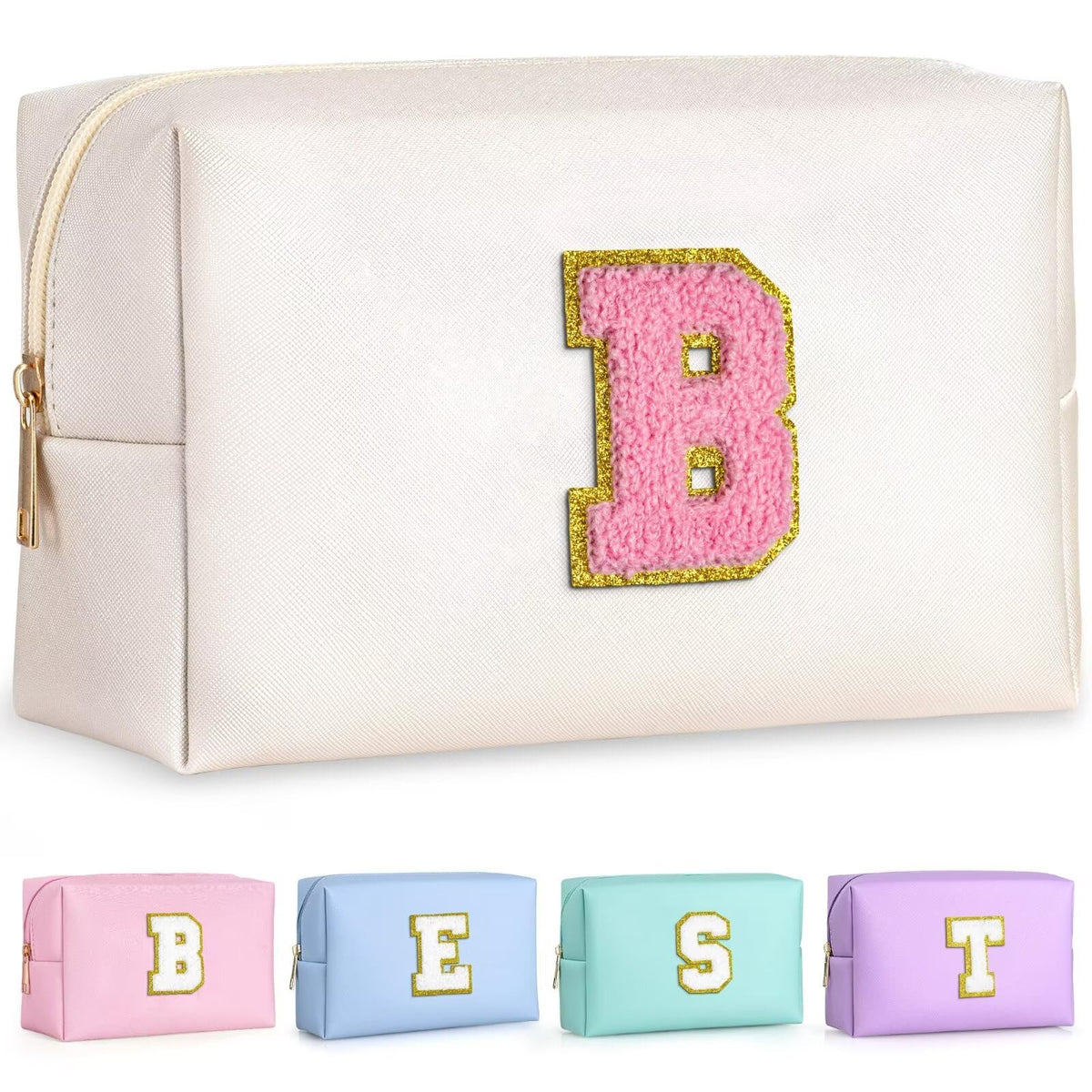 TOPEAST Travel Cosmetic Bag in pearly white with gold glitter patch front view