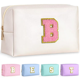 TOPEAST Travel Cosmetic Bag in pearly white with gold glitter patch front view