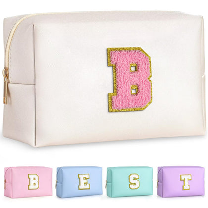 TOPEAST Travel Cosmetic Bag in pearly white with gold glitter patch front view