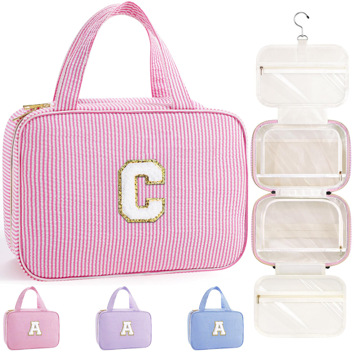 TOPEAST Travel Hanging Toiletry Bag front view in pink with initial
