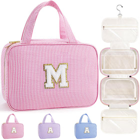 TOPEAST Travel Hanging Toiletry Bag in pink with initial patch front view