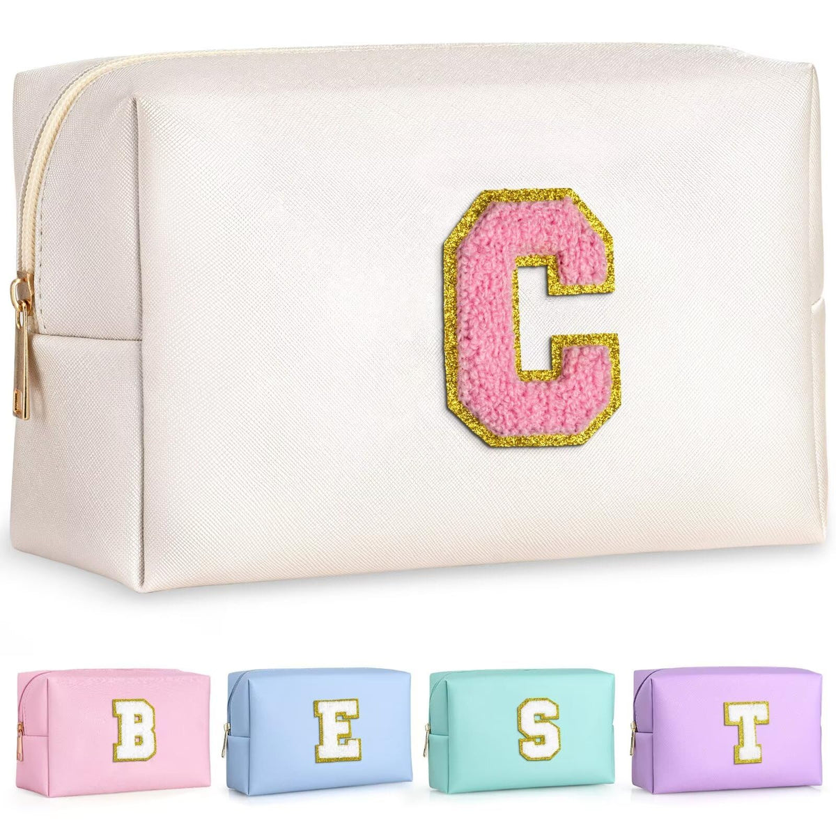 TOPEAST Travel Makeup Bag in pearly white with gold glitter patch