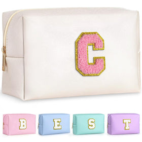 TOPEAST Travel Makeup Bag in pearly white with gold glitter patch