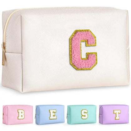TOPEAST Travel Makeup Bag in pearly white with gold glitter patch