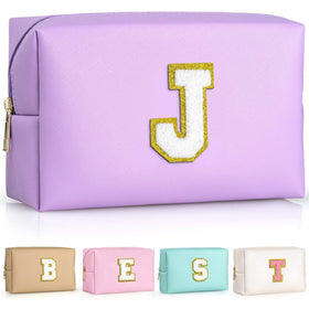 TOPEAST Travel Makeup Bag in Purple J with chenille patch front view