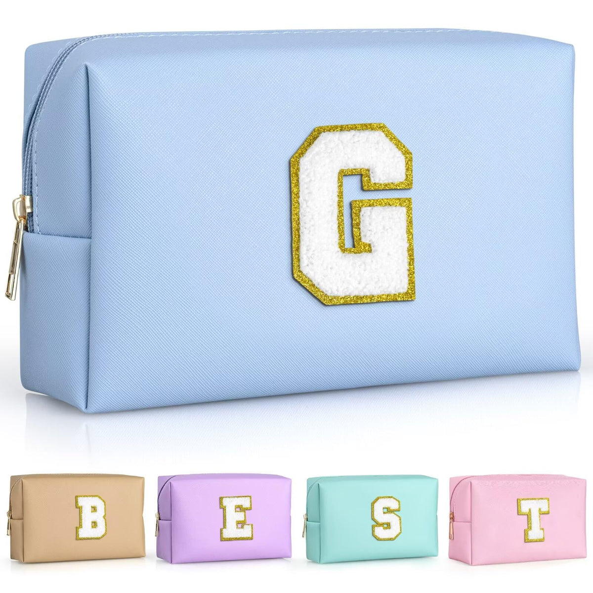 TOPEAST Travel Makeup Bag in sky blue with personalized initial patch