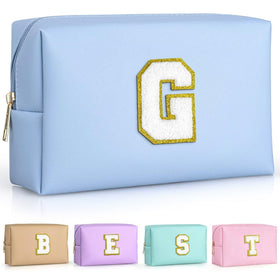 TOPEAST Travel Makeup Bag in sky blue with personalized initial patch