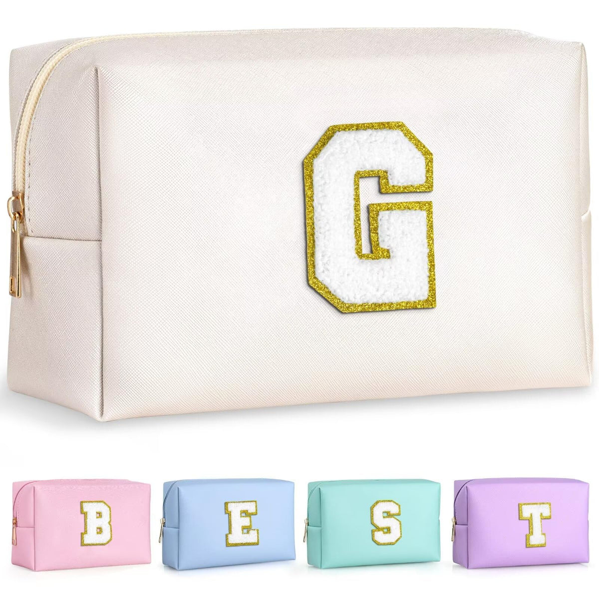 TOPEAST Travel Makeup Bag with personalized initial patch, white