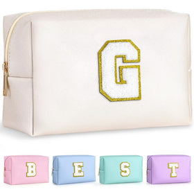 TOPEAST Travel Makeup Bag with personalized initial patch, white