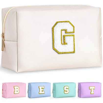 TOPEAST Travel Makeup Bag with personalized initial patch, white