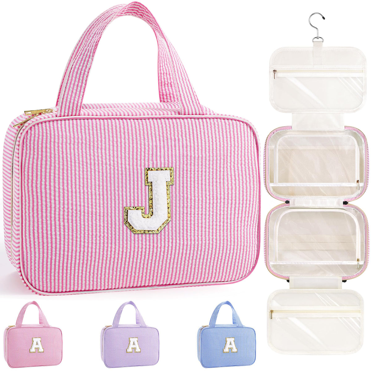 TOPEAST Travel Toiletry Bag in pink with gold glitter initial patch