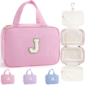 TOPEAST Travel Toiletry Bag in pink with gold glitter initial patch