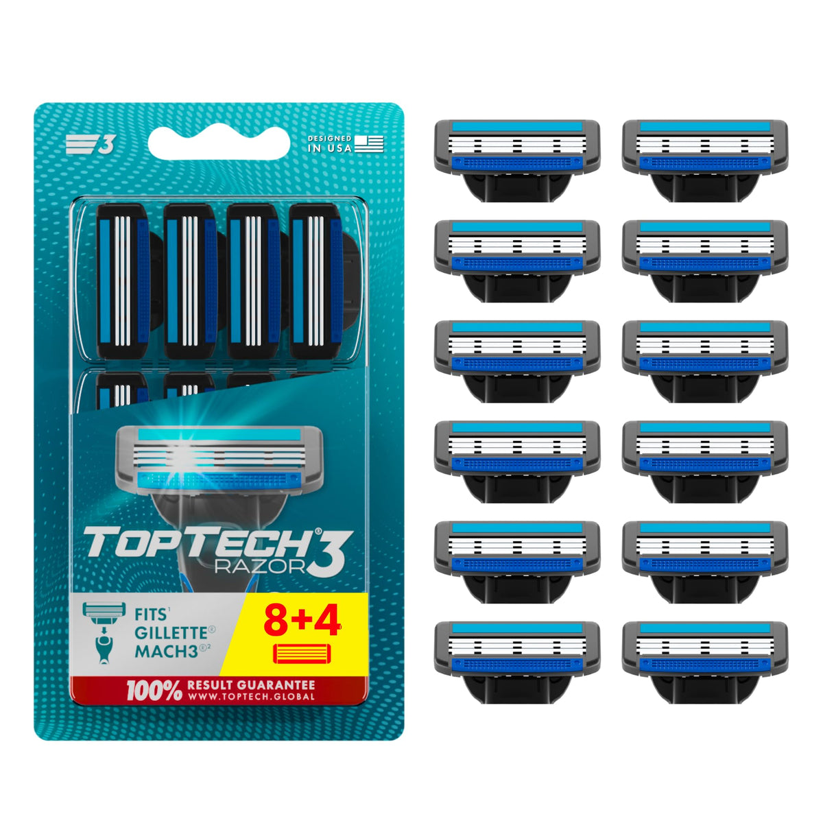 Toptech Razor 3 for Men cartridge pack front view with 8 refills