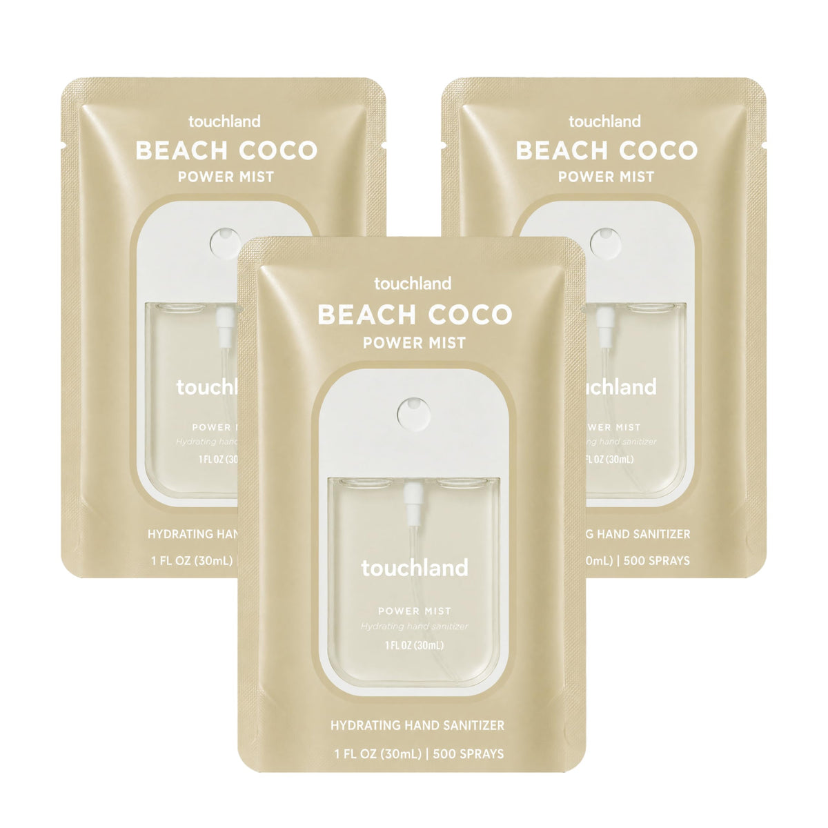 Touchland Beach Coco Hydrating Hand Sanitizer Spray Trio Set front view