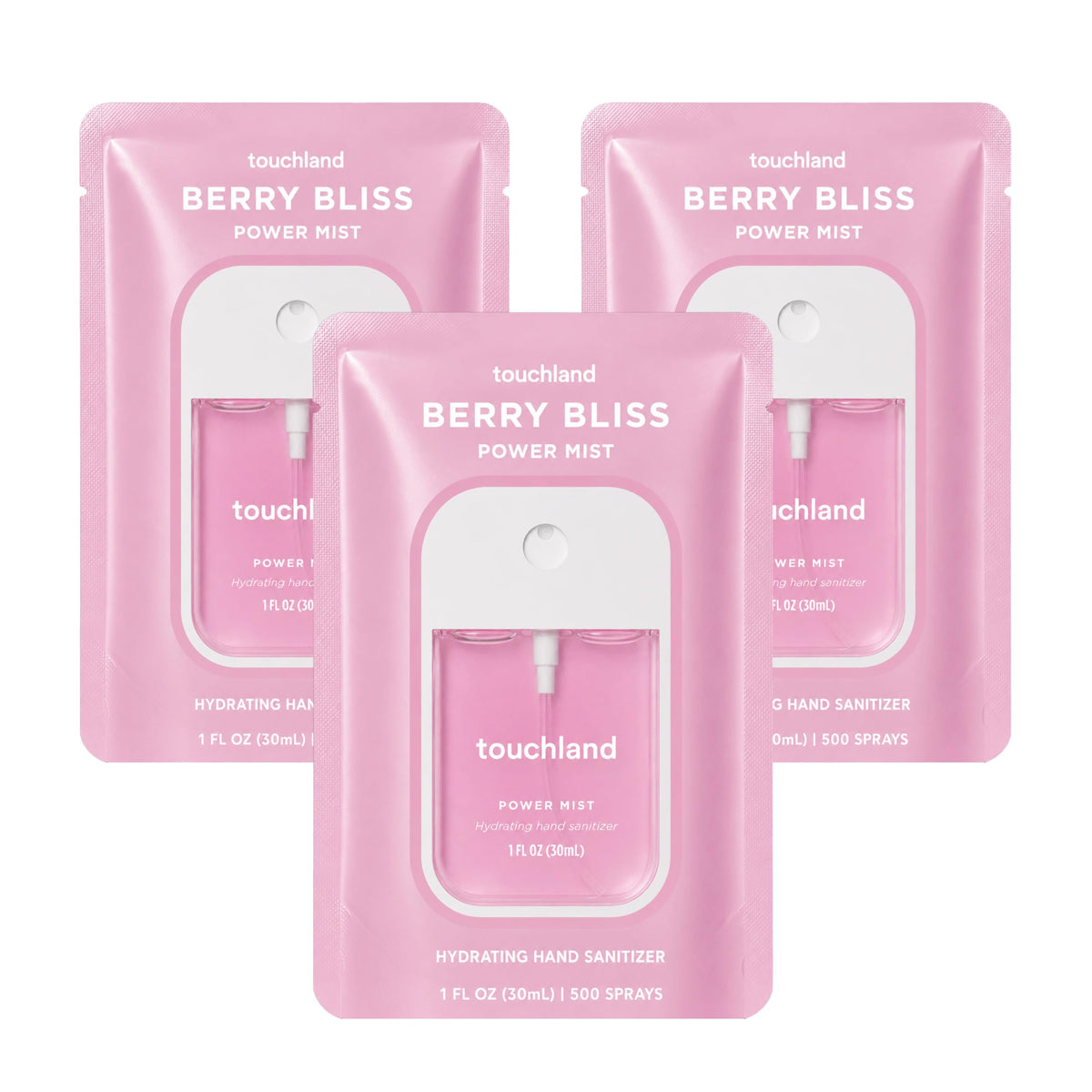 Touchland Berry Bliss hydrating hand sanitizer mists front view