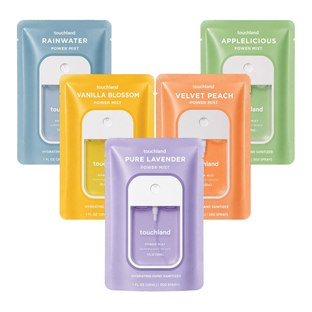 Touchland Blossom 5 Hydrating Hand Sanitizer Spray Set front view with five bottles