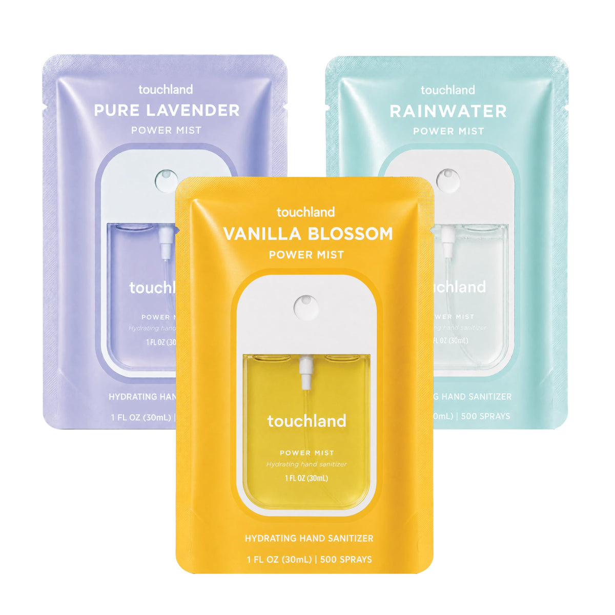 Touchland Blossom Trio travel-size hand sanitizer sprays in Pure Lavender, Vanilla Blossom, and Rainwater scents