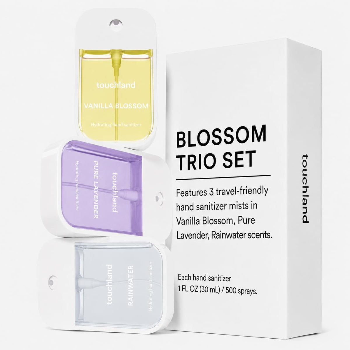 Touchland Blossom Trio Vanilla Blossom hand sanitizer spray bottle front view