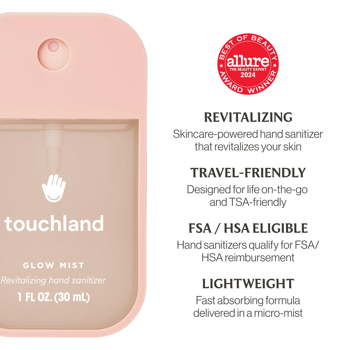 Touchland Glow Hand Sanitizer Spray with Detoskin and Vitasource ingredients