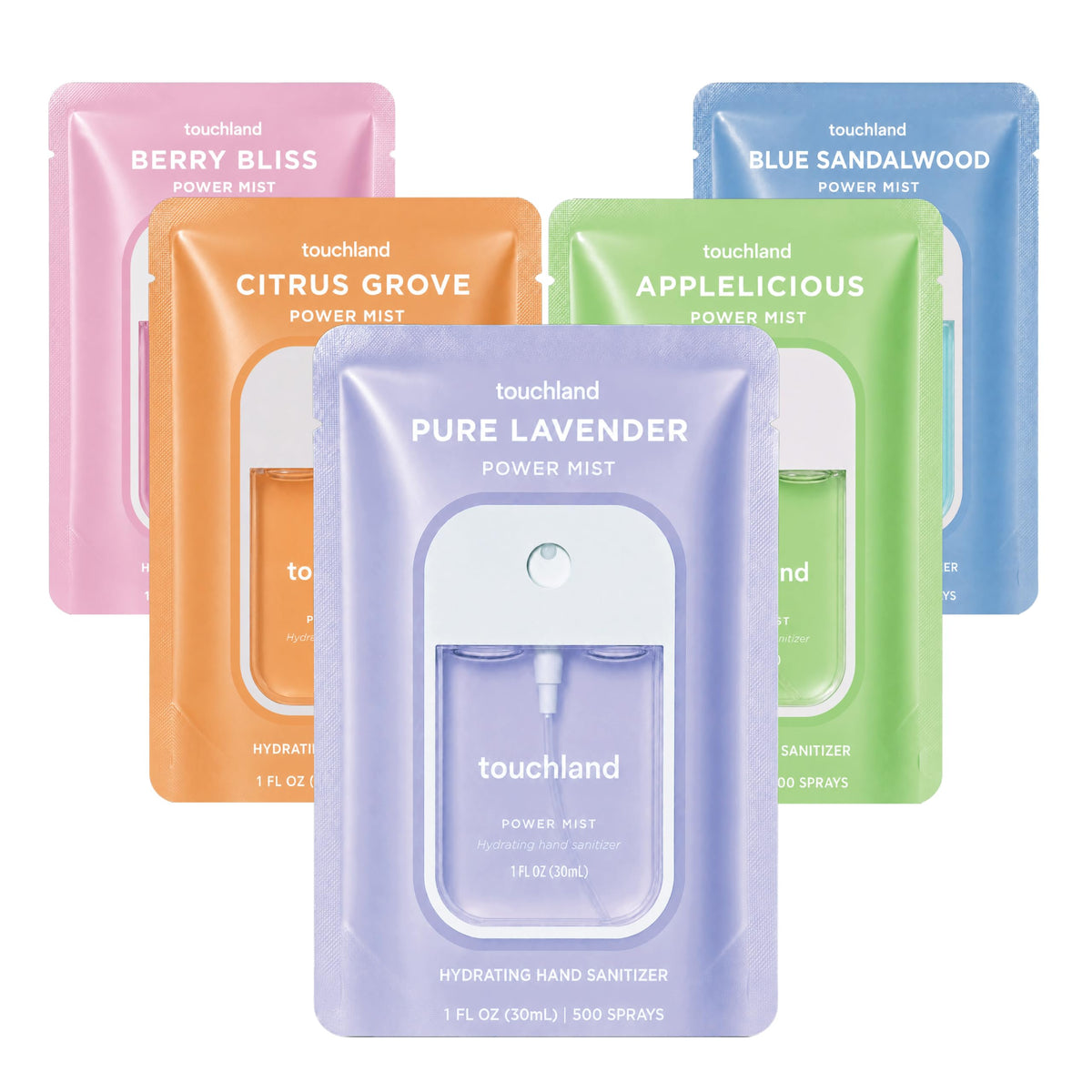 Touchland Hydrating Hand Sanitizer Set with five travel size sprays