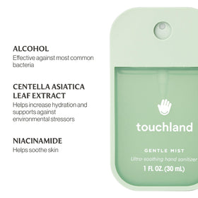 Touchland Hydrating Hand Sanitizer Spray and Case set on a wooden table