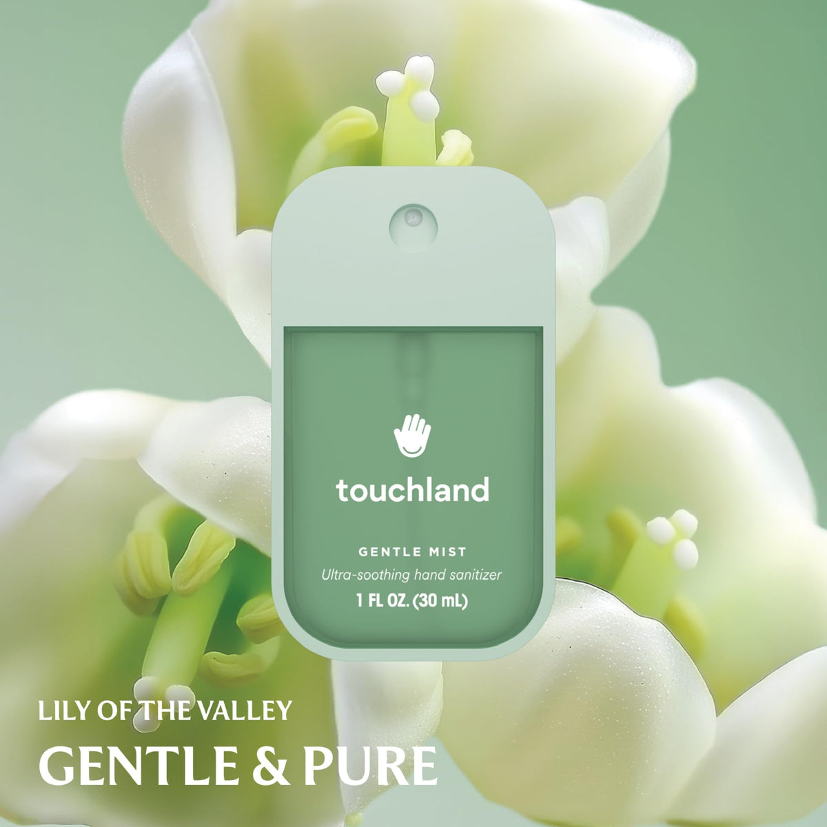 Touchland Icy White Mist Case side view with sanitizer inside
