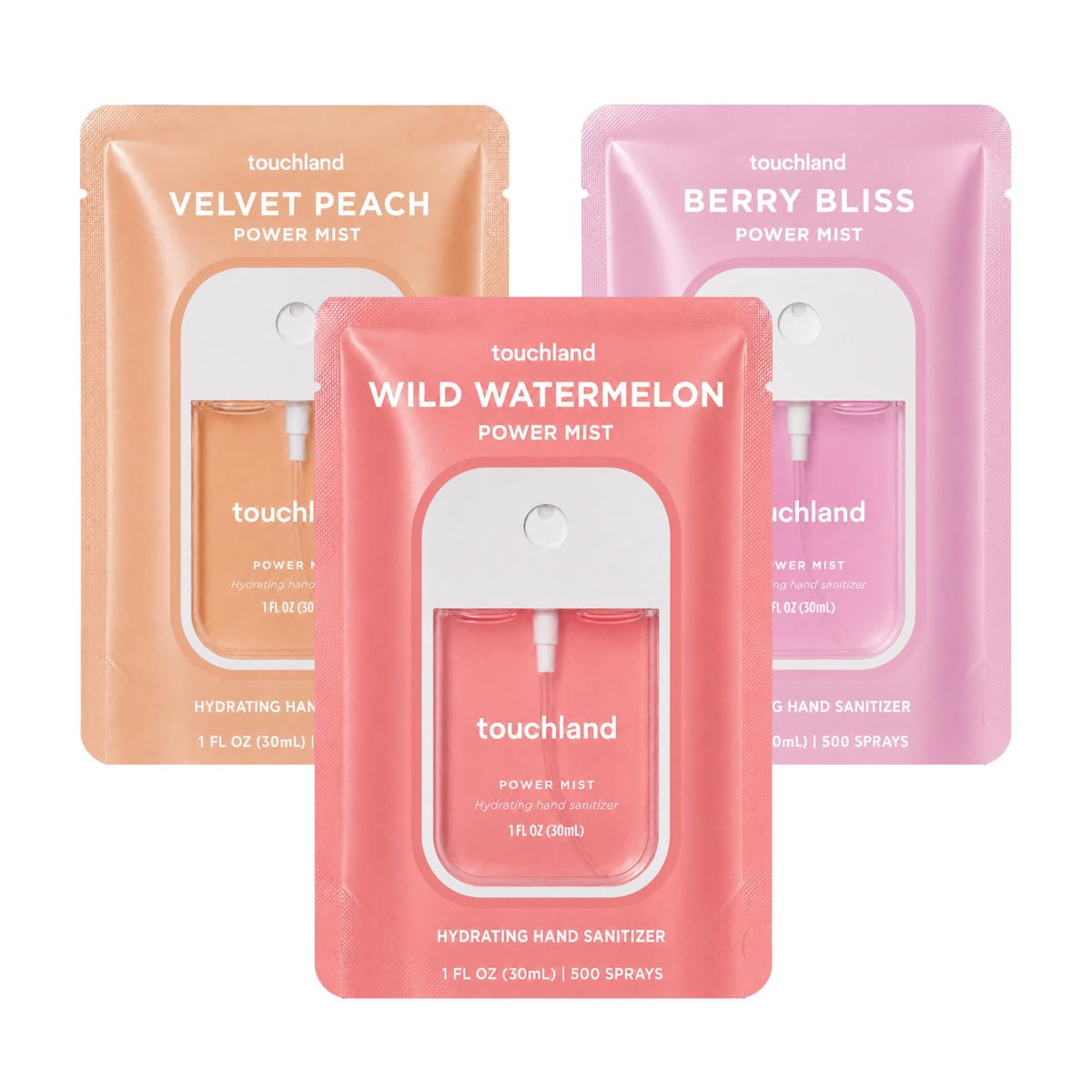 Touchland Juicy Trio Hand Sanitizer Set featuring three spray bottles in Wild Watermelon, Velvet Peach, and Berry Bliss scents