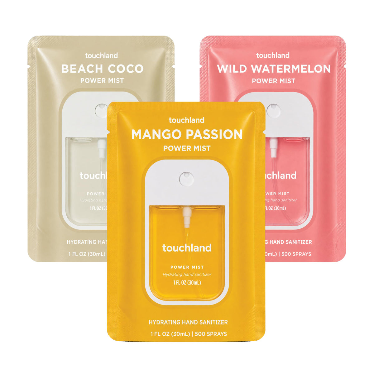 Touchland Tropical Trio Hydrating Hand Sanitizer Set with three bottles