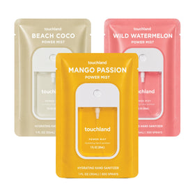Touchland Tropical Trio Hydrating Hand Sanitizer Set with three bottles
