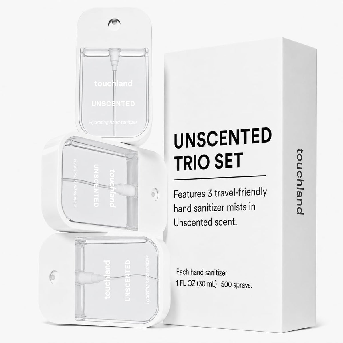 Touchland Unscented Hydrating Hand Sanitizer Spray trio with travel cases