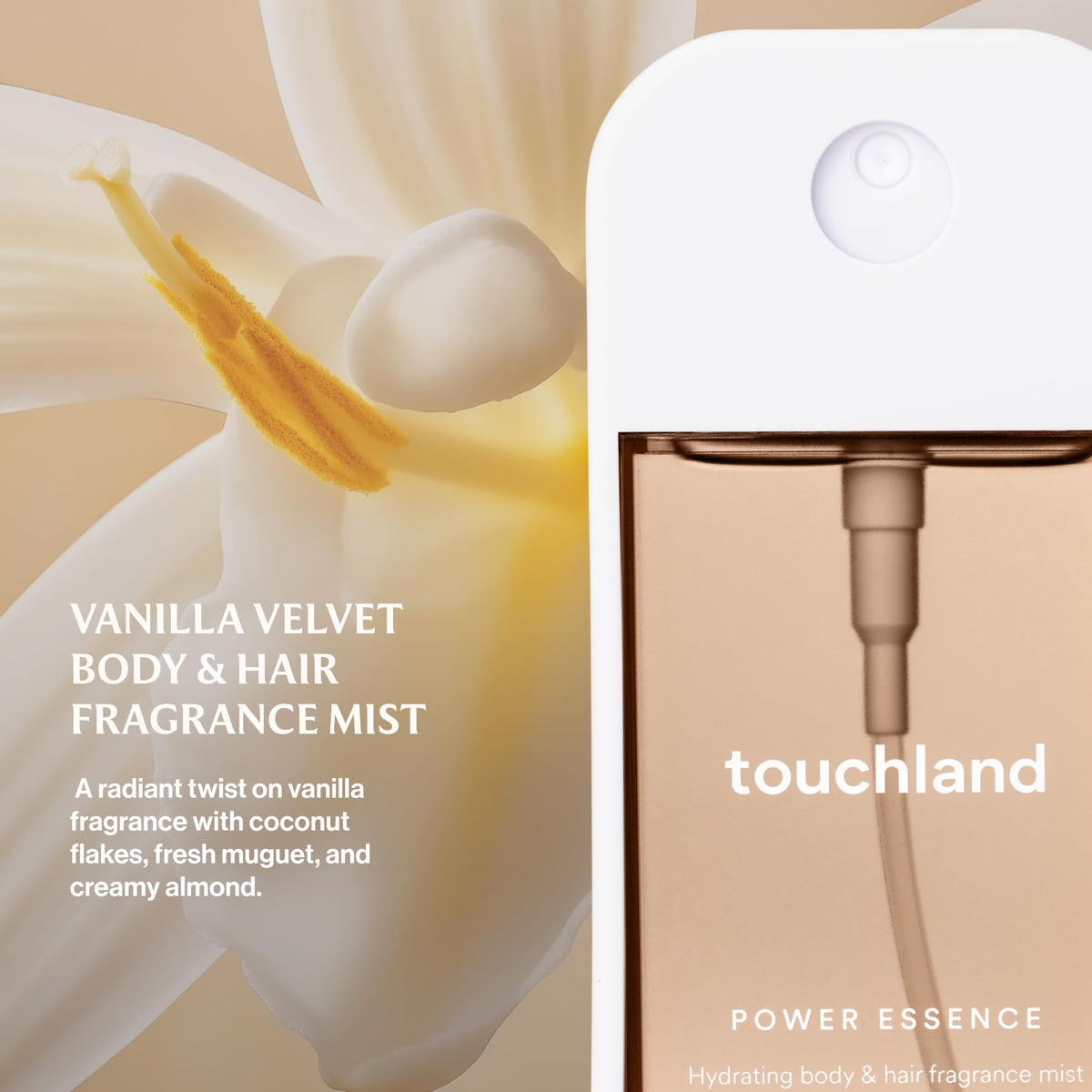Touchland Vanilla Velvet Body Mist side view showing mist spray