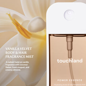 Touchland Vanilla Velvet Body Mist side view showing mist spray