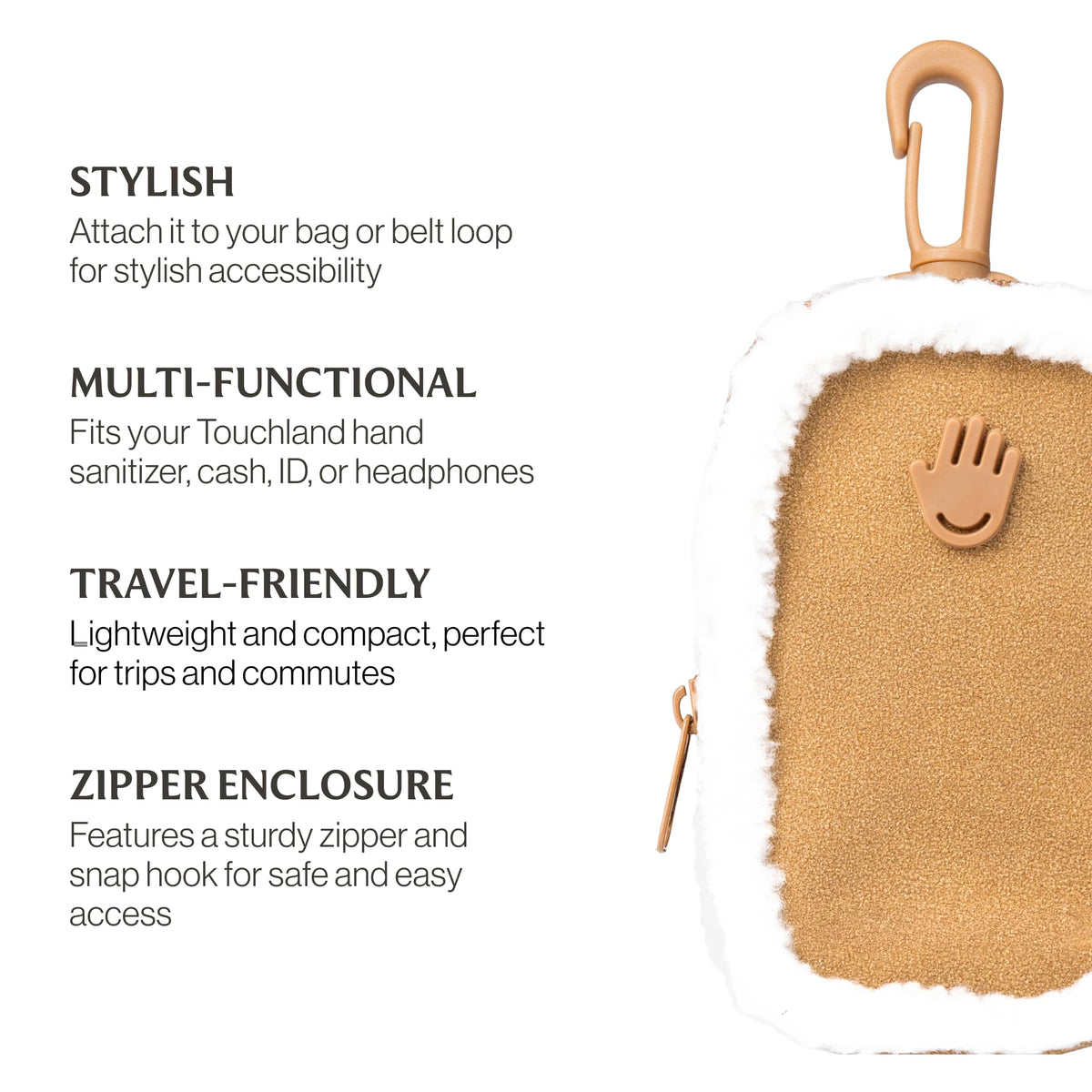 Touchland Vegan Shearling Touchette attached to a bag
