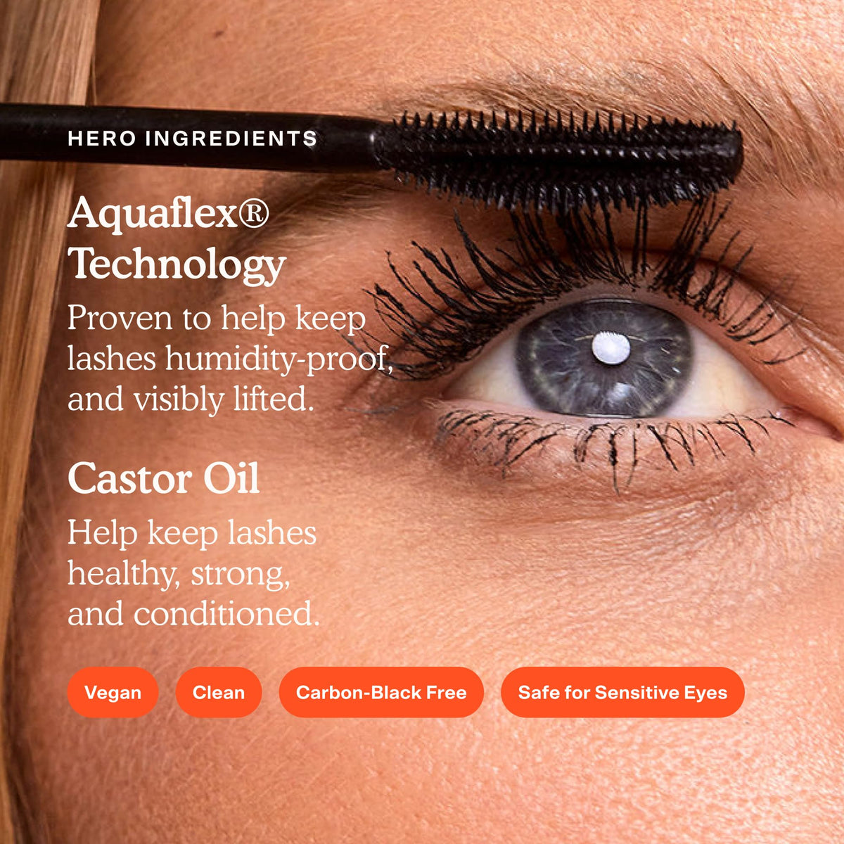 Tower 28 mascara brush demonstrating lengthening effects