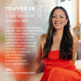 Tower 28 mascara in Drift displayed with makeup accessories