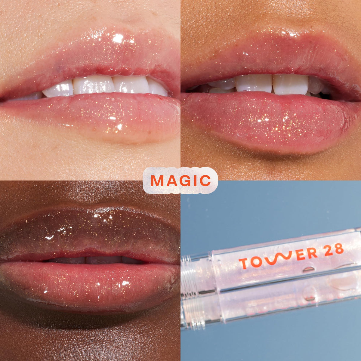 Tower 28 ShineOn Lip Gloss Jelly in Magic, swatch on skin