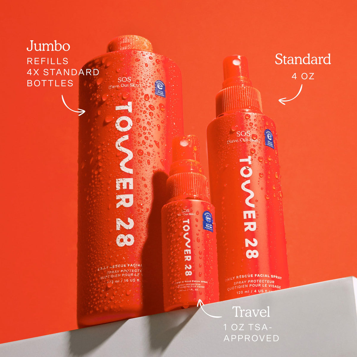 Tower 28 SOS Daily Rescue Spray on a bathroom counter