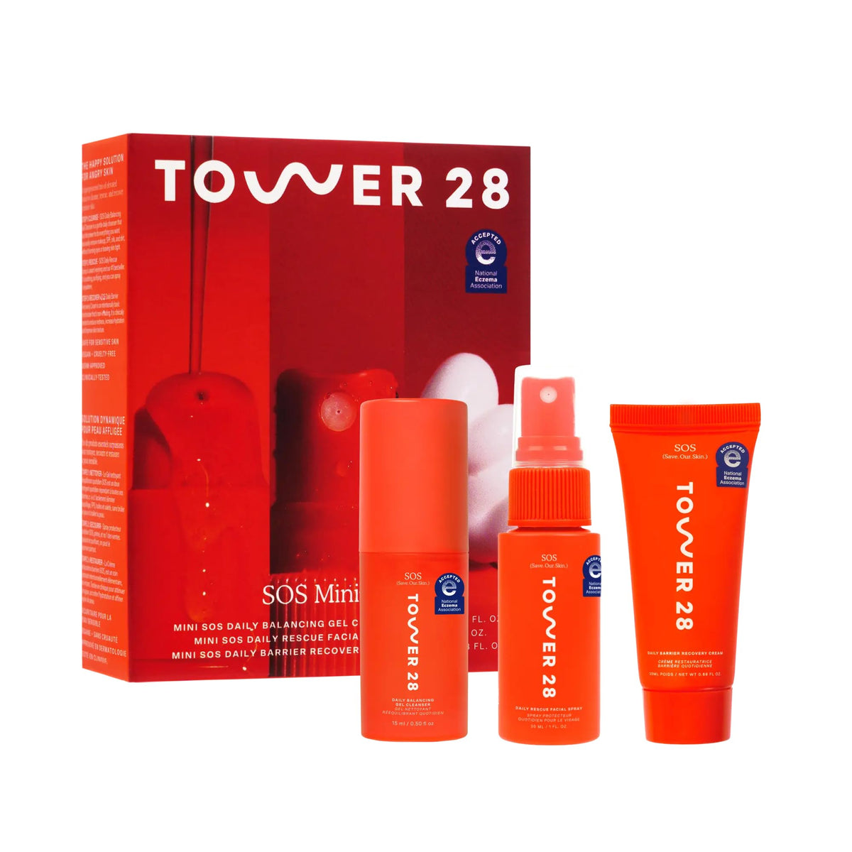 Tower 28 SOS Mini Skin Care Set front view with three products