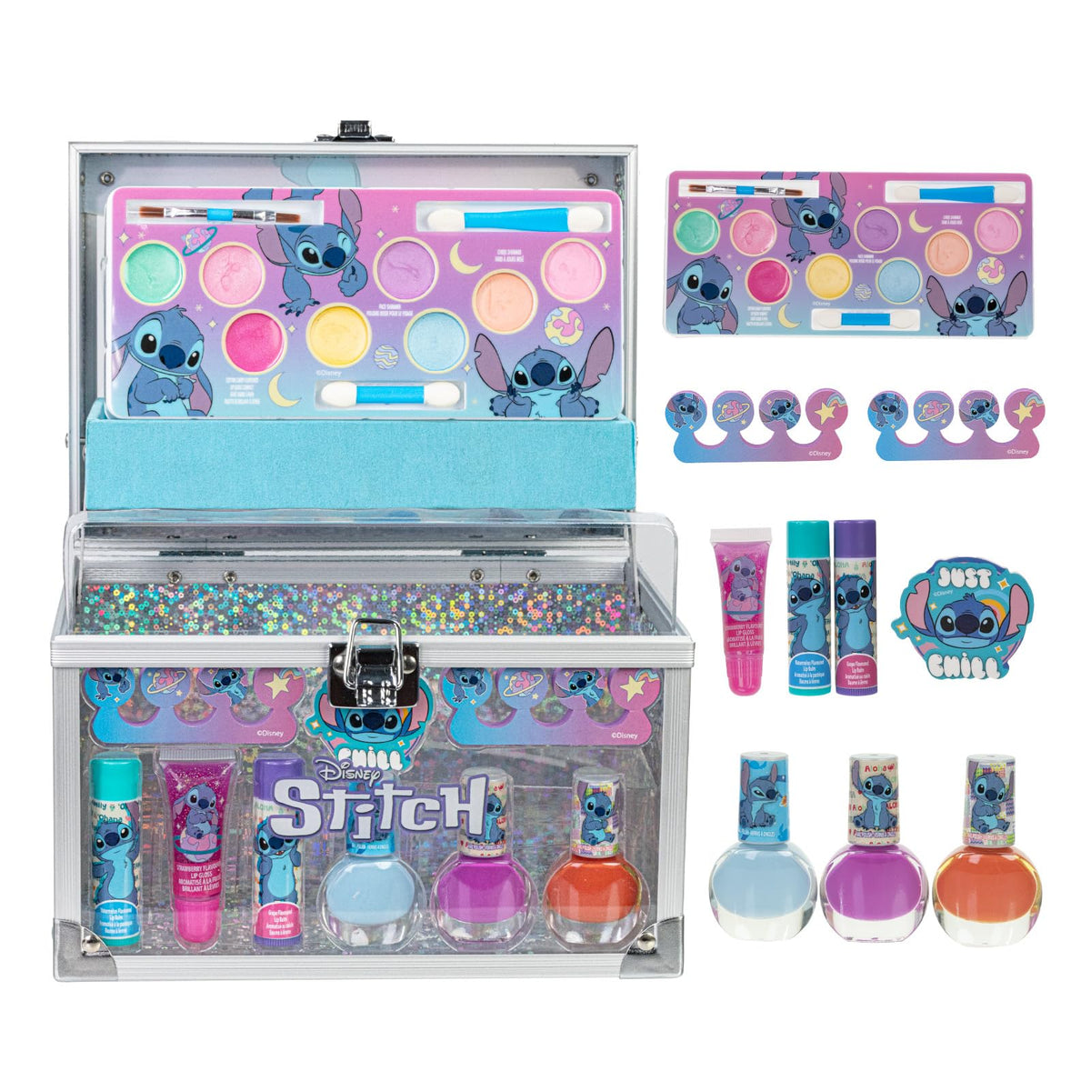 Townley Girl Stitch Train Case Beauty Set with nail polishes and lip glosses