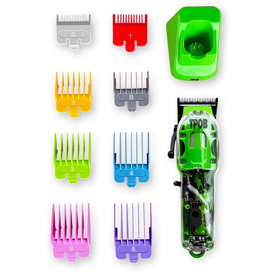TPOB Hair Clippers side view with colour-coded guide combs
