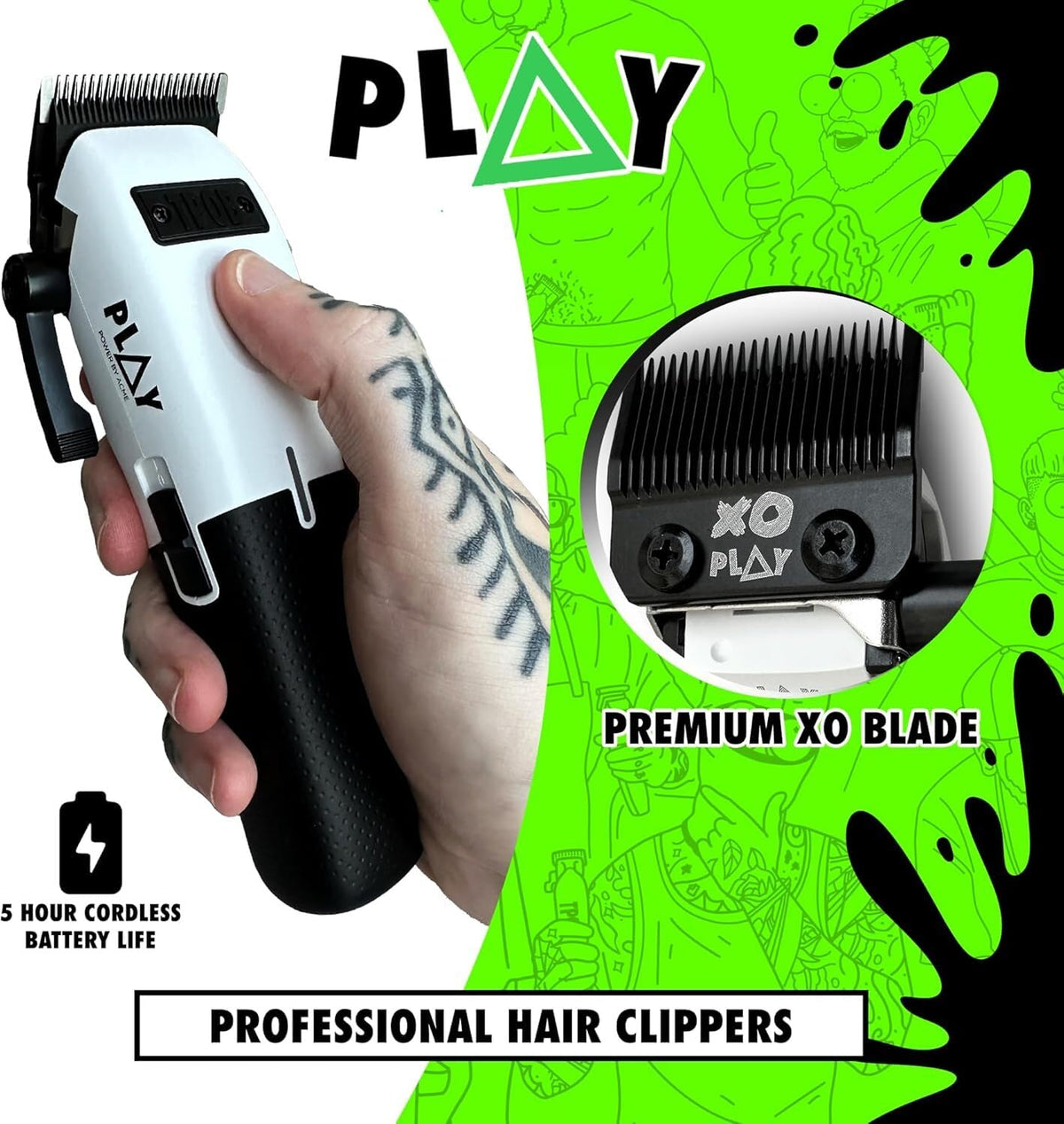 TPOB Play Barber Hair Clippers side view showing XO PLAY Blade