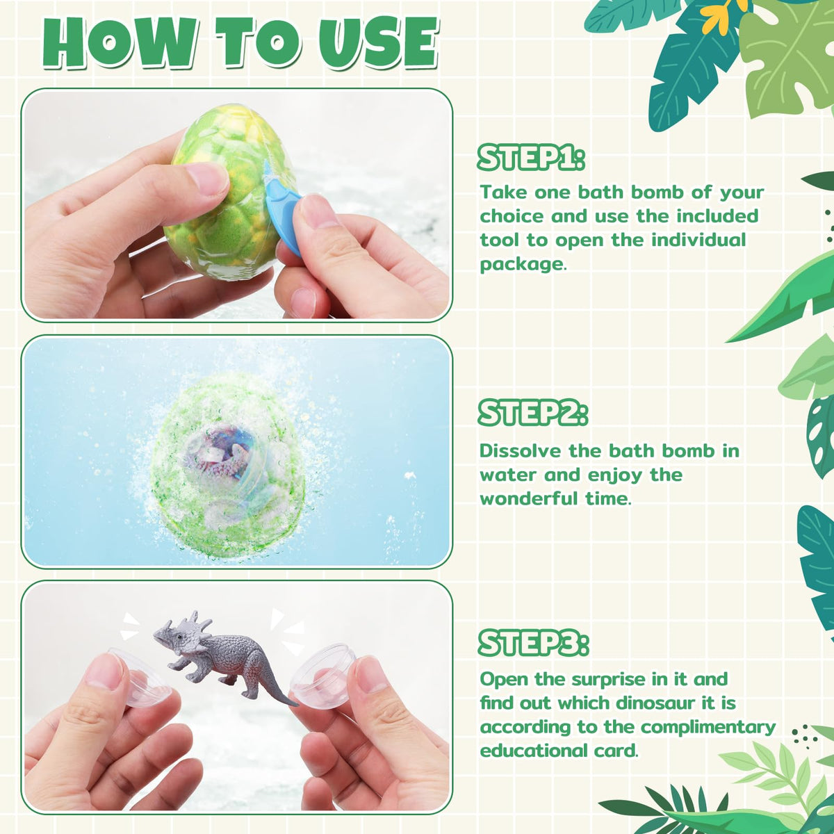 TranquilBliss Dino Egg Bath Bombs with educational dinosaur card