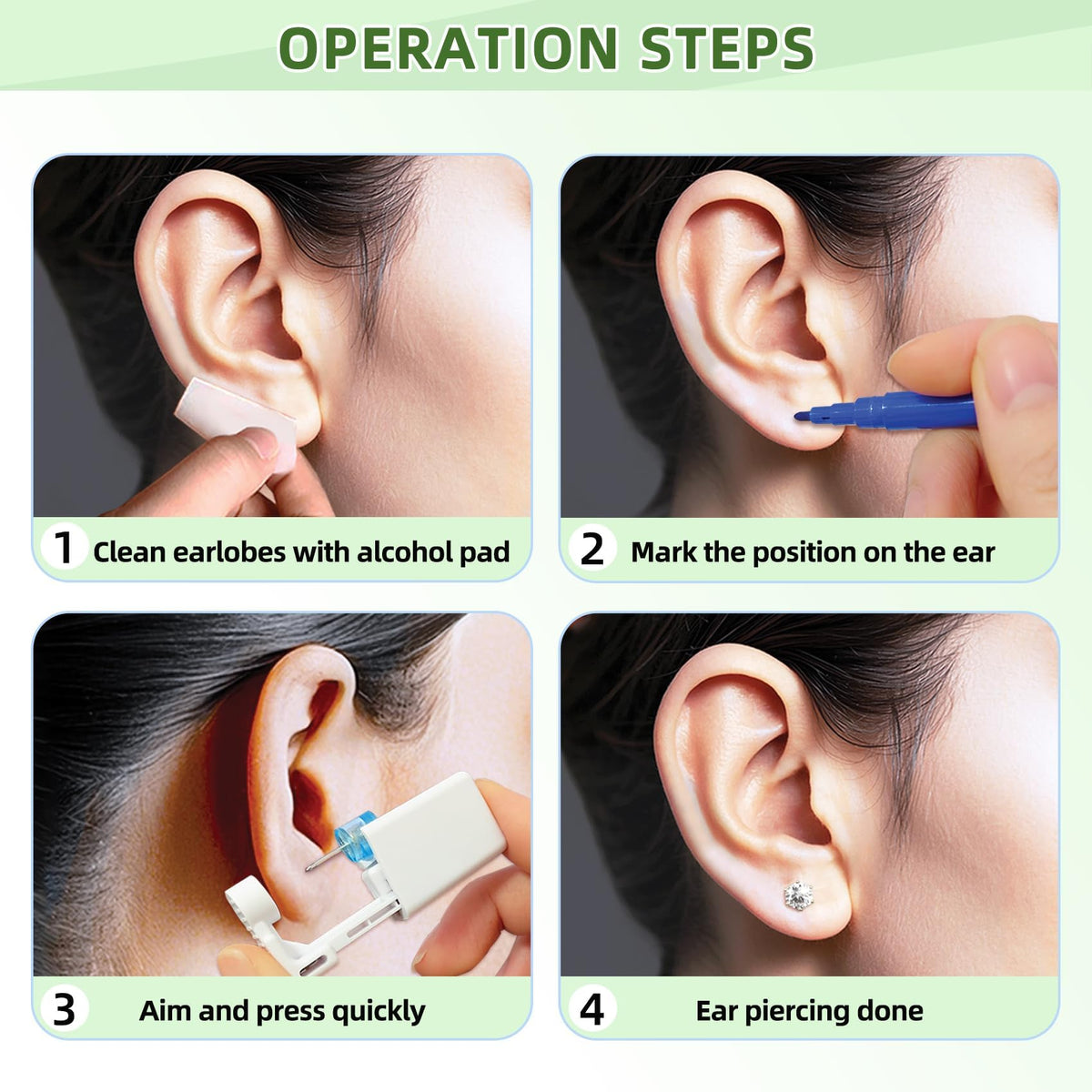 Transparent box containing Novopiercing ear piercing kit